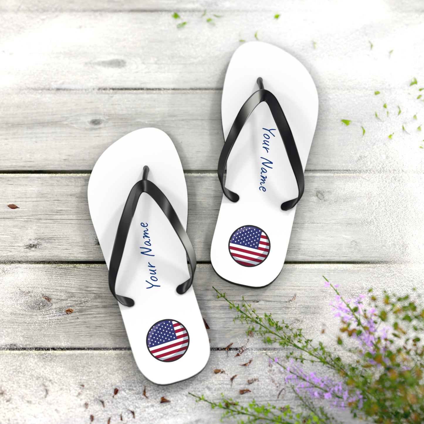 Personalized Name and Country Beach, Pool, Walking and Casual Flip Flops - Select Country and Have Your Name Printed