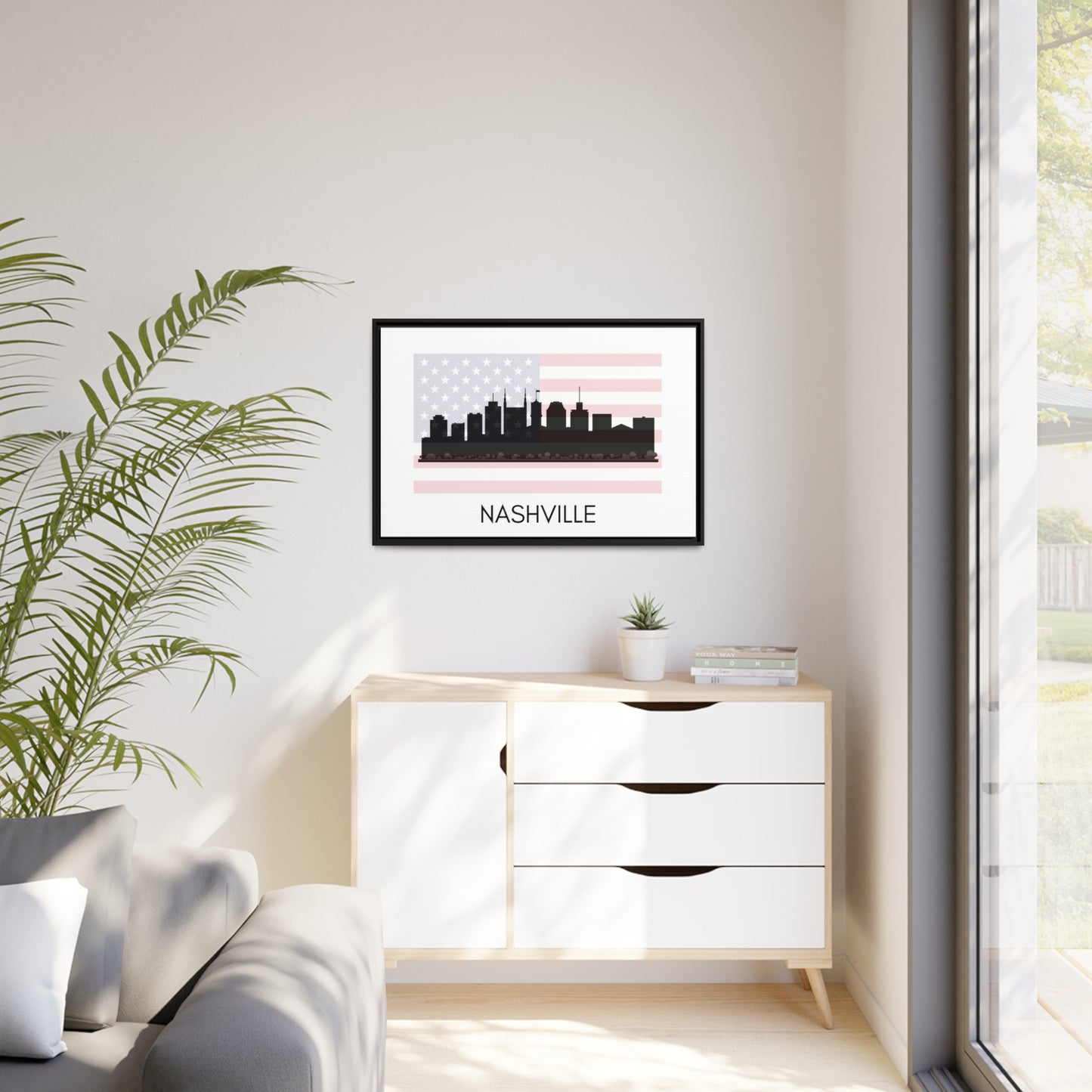 City Silhouettes - NASHVILLE, United States of America, Framed City Outline Matte Canvas, Black Frame