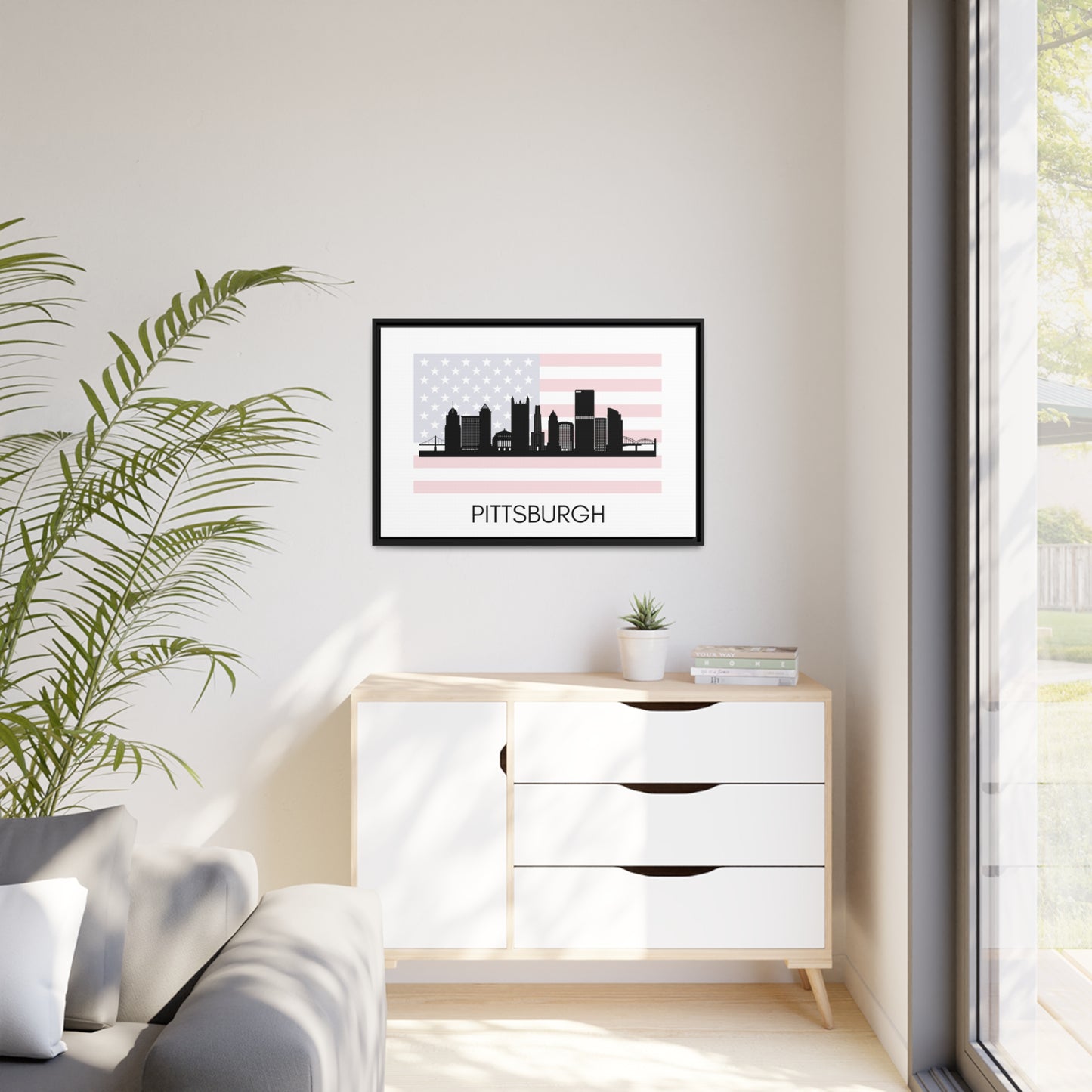 City Silhouettes - PITTSBURGH, United States of America, Framed City Outline Matte Canvas, Black Frame
