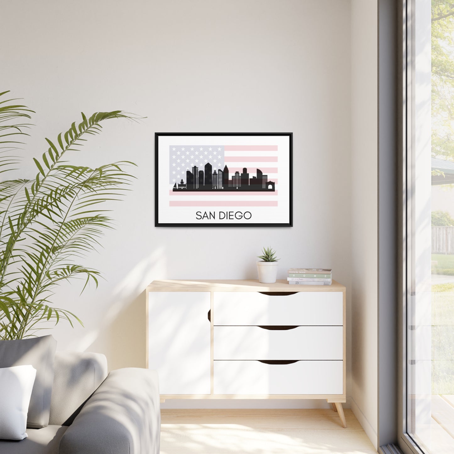 City Silhouettes - SAN DIEGO, United States of America, Framed City Outline Matte Canvas, Black Frame