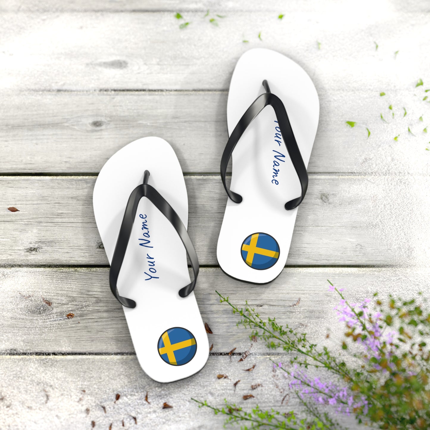 Personalized Swedish Beach, Pool, Walking and Casual Flip Flops - Sweden and Have Your Name Printed