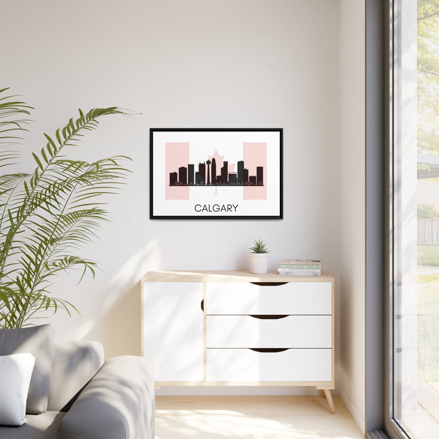 City Silhouettes - CALGARY, Canada, Framed City Outline Matte Canvas, Black Frame