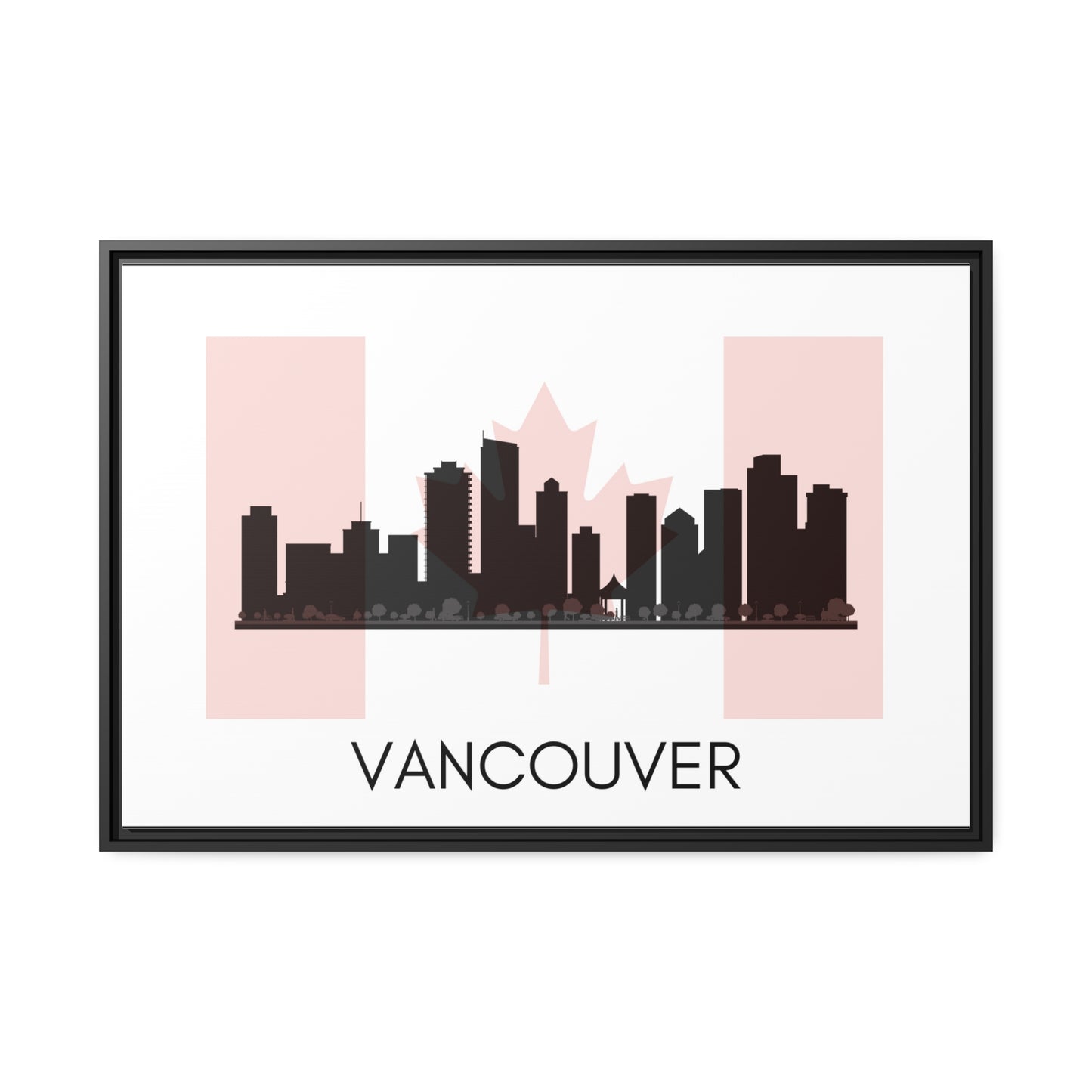 City Silhouettes - VANCOUVER, Canada, Framed City Outline Matte Canvas, Black Frame