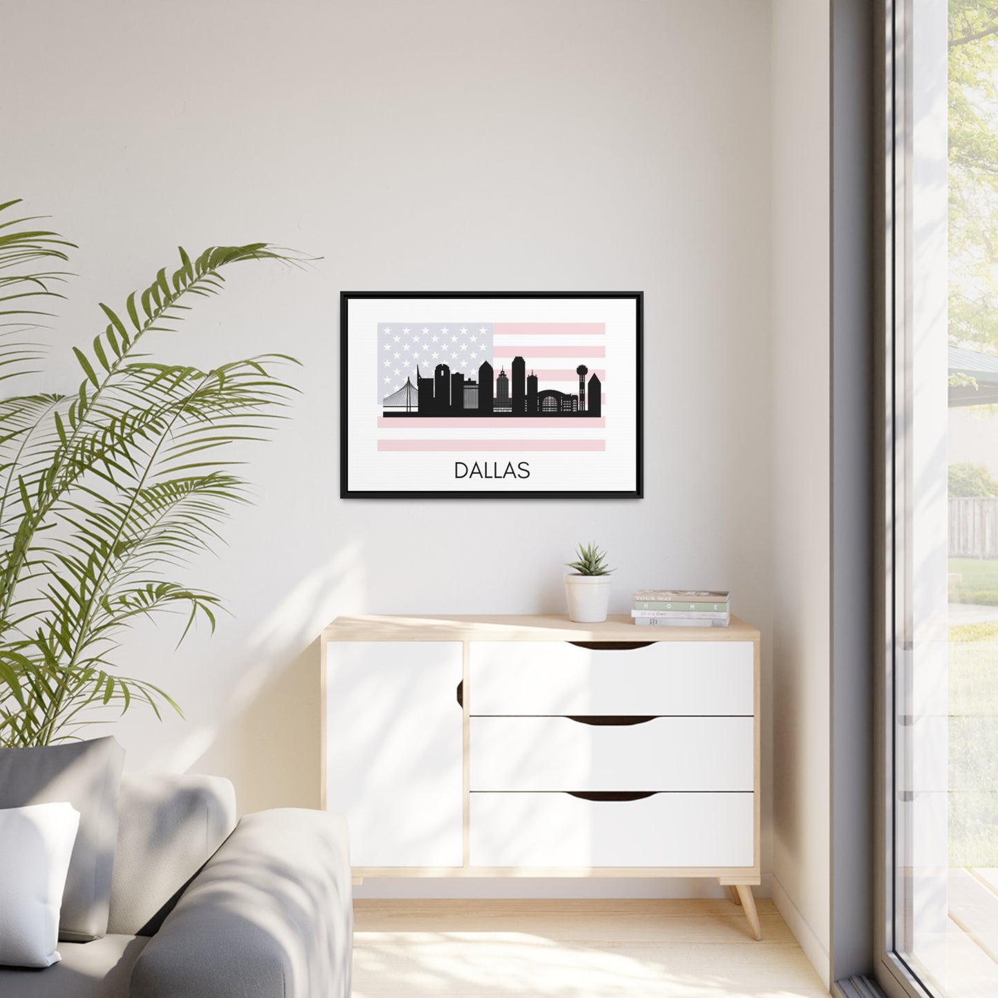 City Silhouettes - DALLAS, United States of America, Framed City Outline Matte Canvas, Black Frame