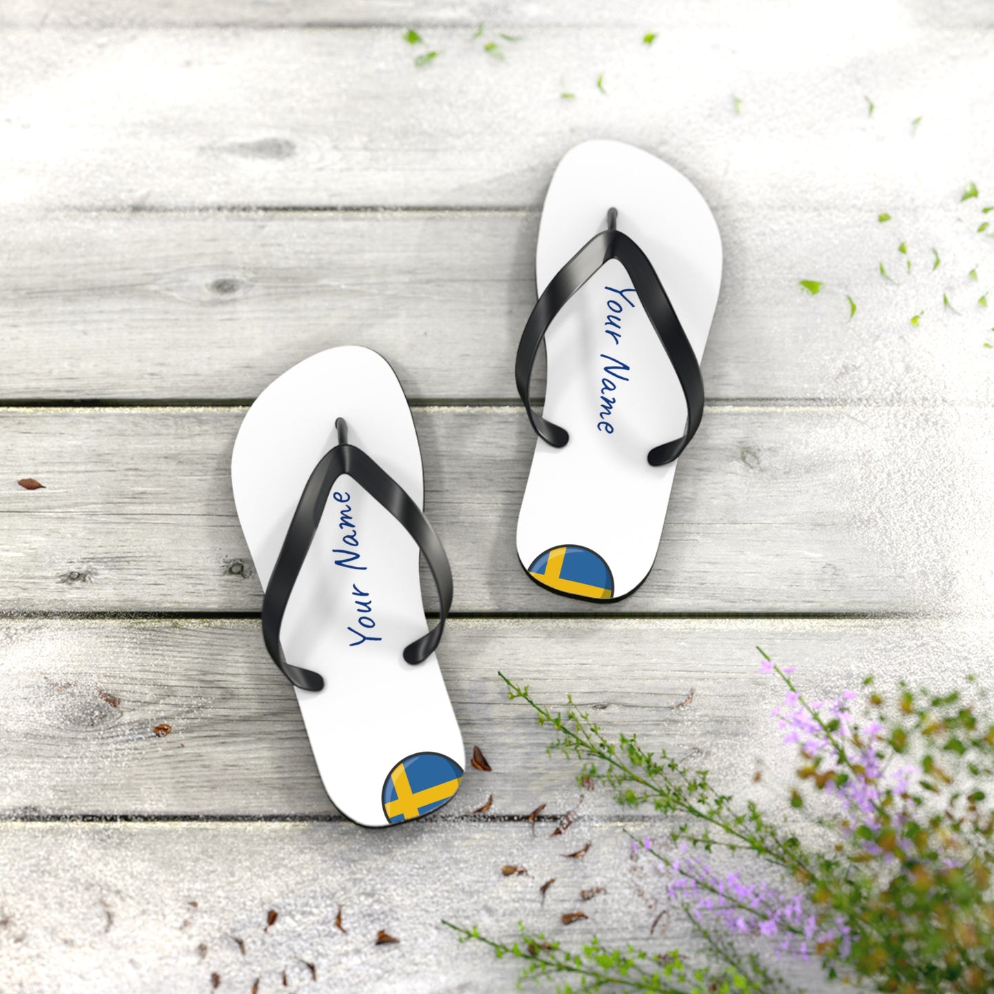 Personalized Swedish Beach, Pool, Walking and Casual Flip Flops - Sweden and Have Your Name Printed