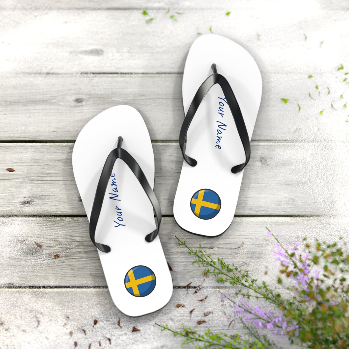 Personalized Swedish Beach, Pool, Walking and Casual Flip Flops - Sweden and Have Your Name Printed