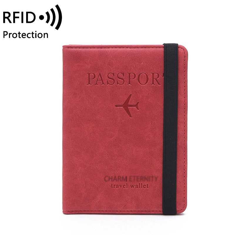 Secure Band Leather Passport Cover RFID Blocking For Cards Travel Passport Holder Wallet Document Organizer Case Men Women