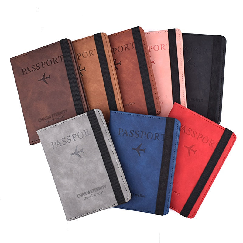 Secure Band Leather Passport Cover RFID Blocking For Cards Travel Passport Holder Wallet Document Organizer Case Men Women