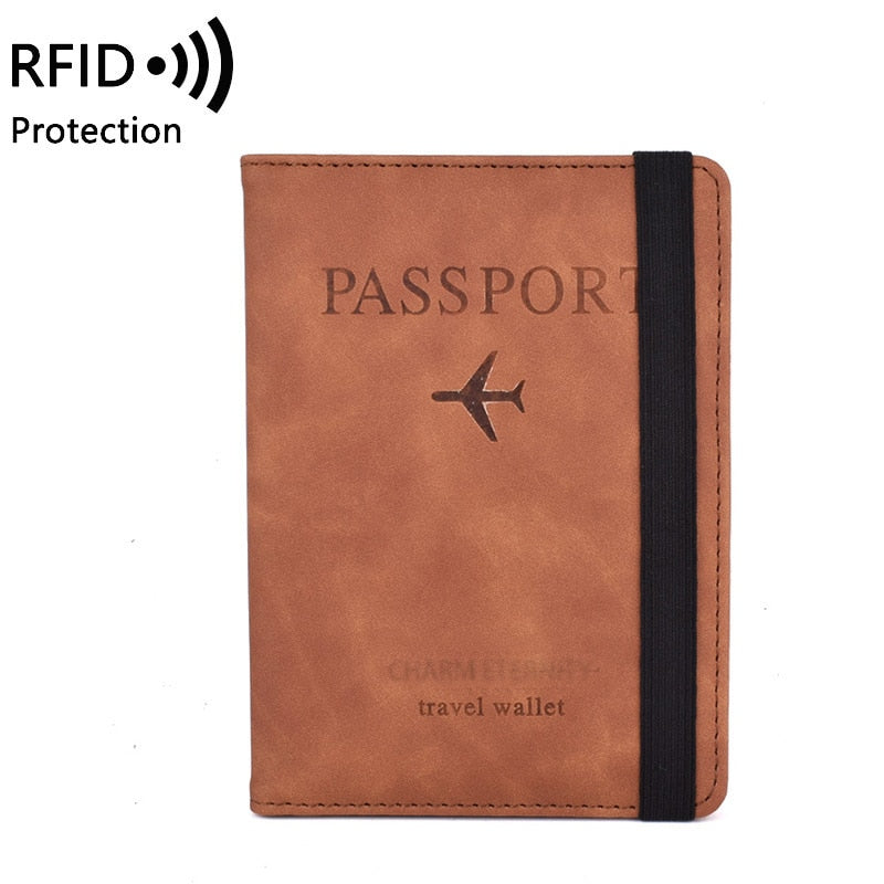Secure Band Leather Passport Cover RFID Blocking For Cards Travel Passport Holder Wallet Document Organizer Case Men Women