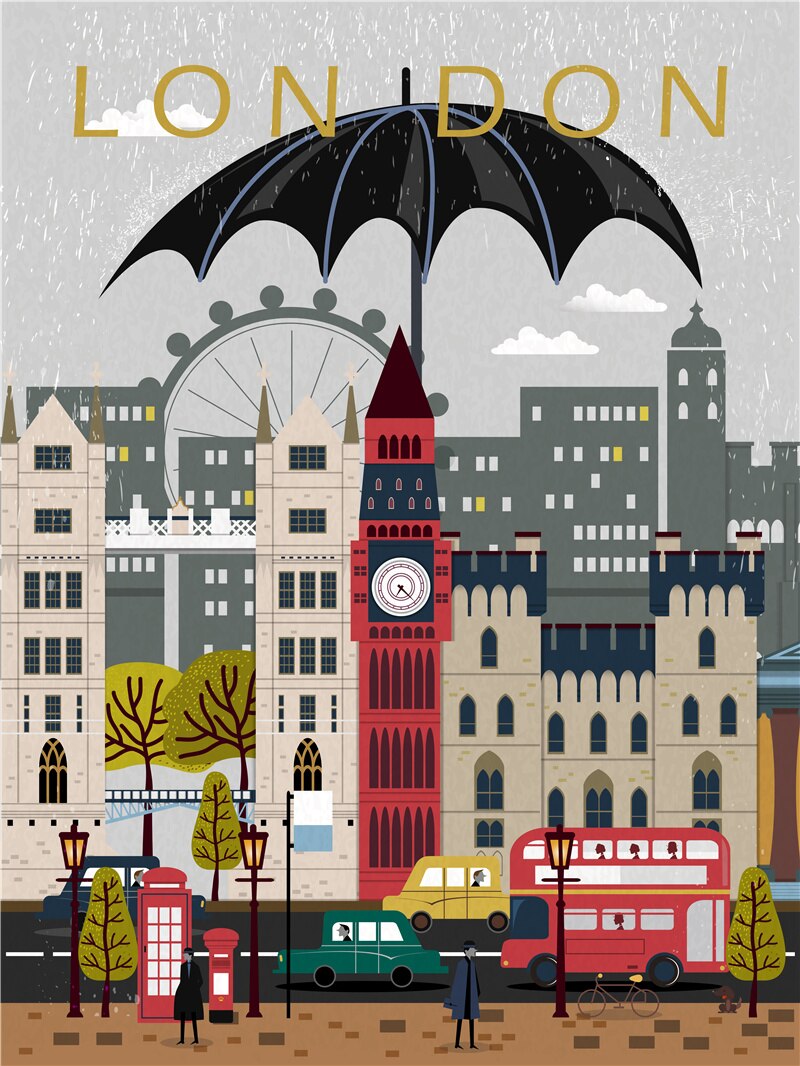 City Scape New York, London, Paris, Madrid, Amsterdam, Canvas Painting Wall Art Pictures Poster for Living Room Home Decor