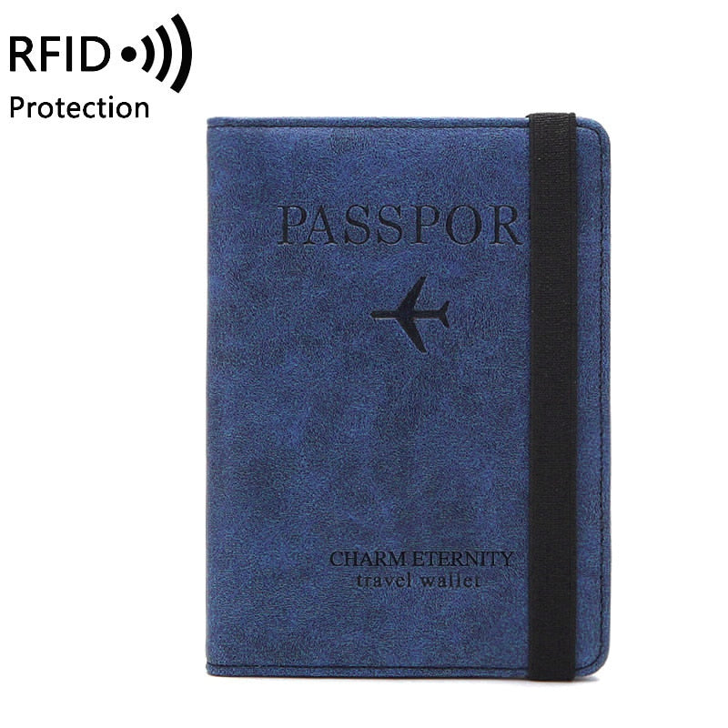 Secure Band Leather Passport Cover RFID Blocking For Cards Travel Passport Holder Wallet Document Organizer Case Men Women