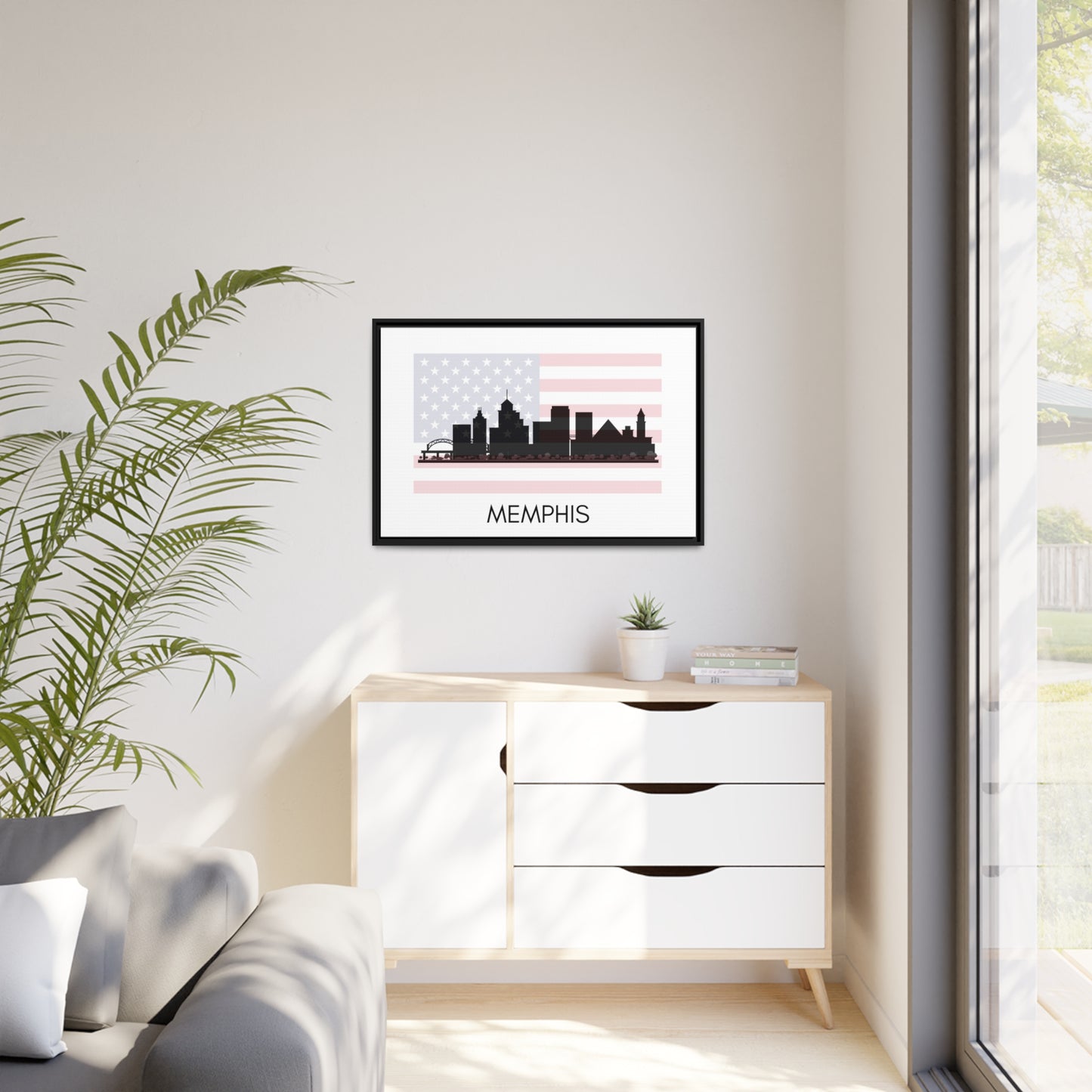City Silhouettes - MEMPHIS, United States of America, Framed City Outline Matte Canvas, Black Frame