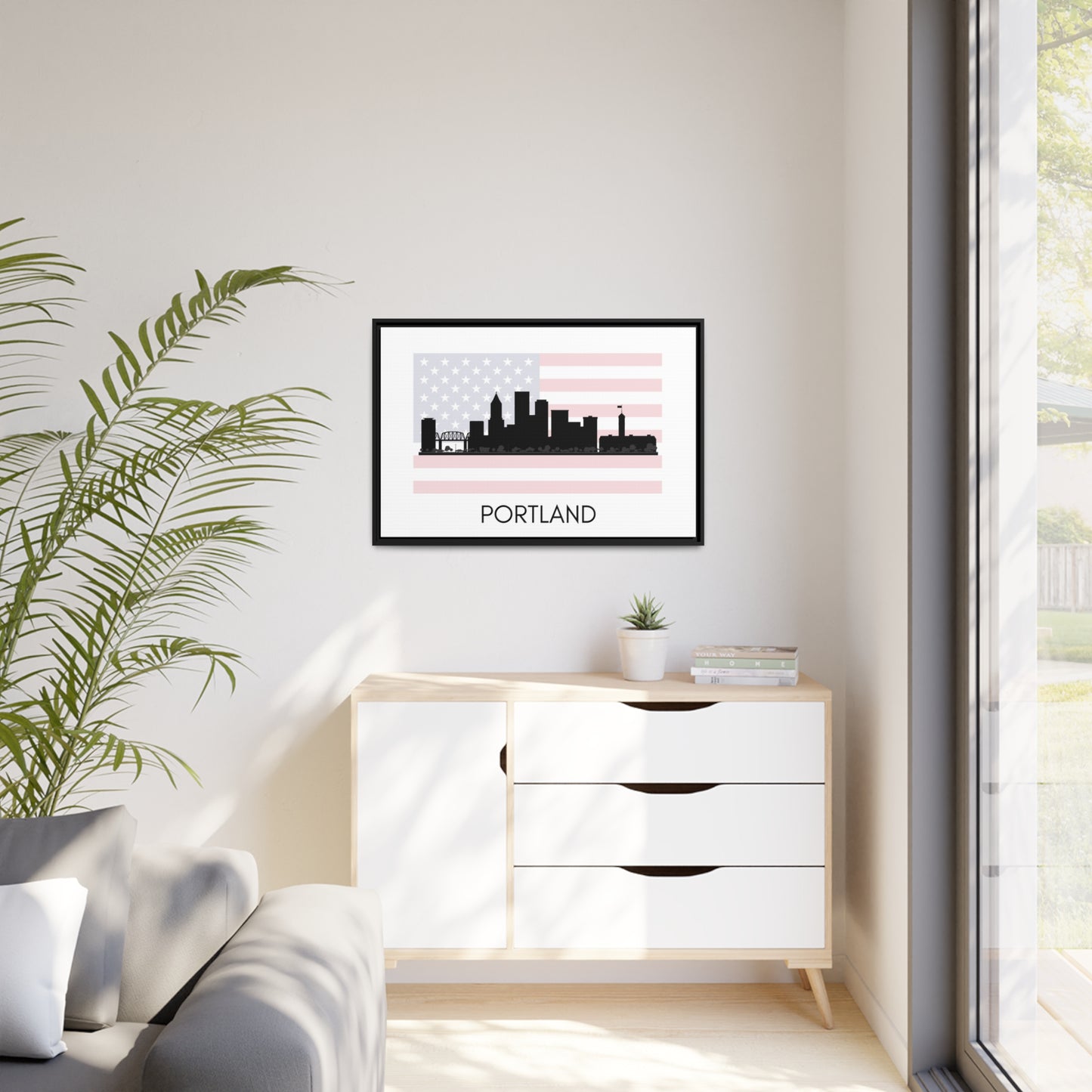 City Silhouettes - PORTLAND, United States of America, Framed City Outline Matte Canvas, Black Frame