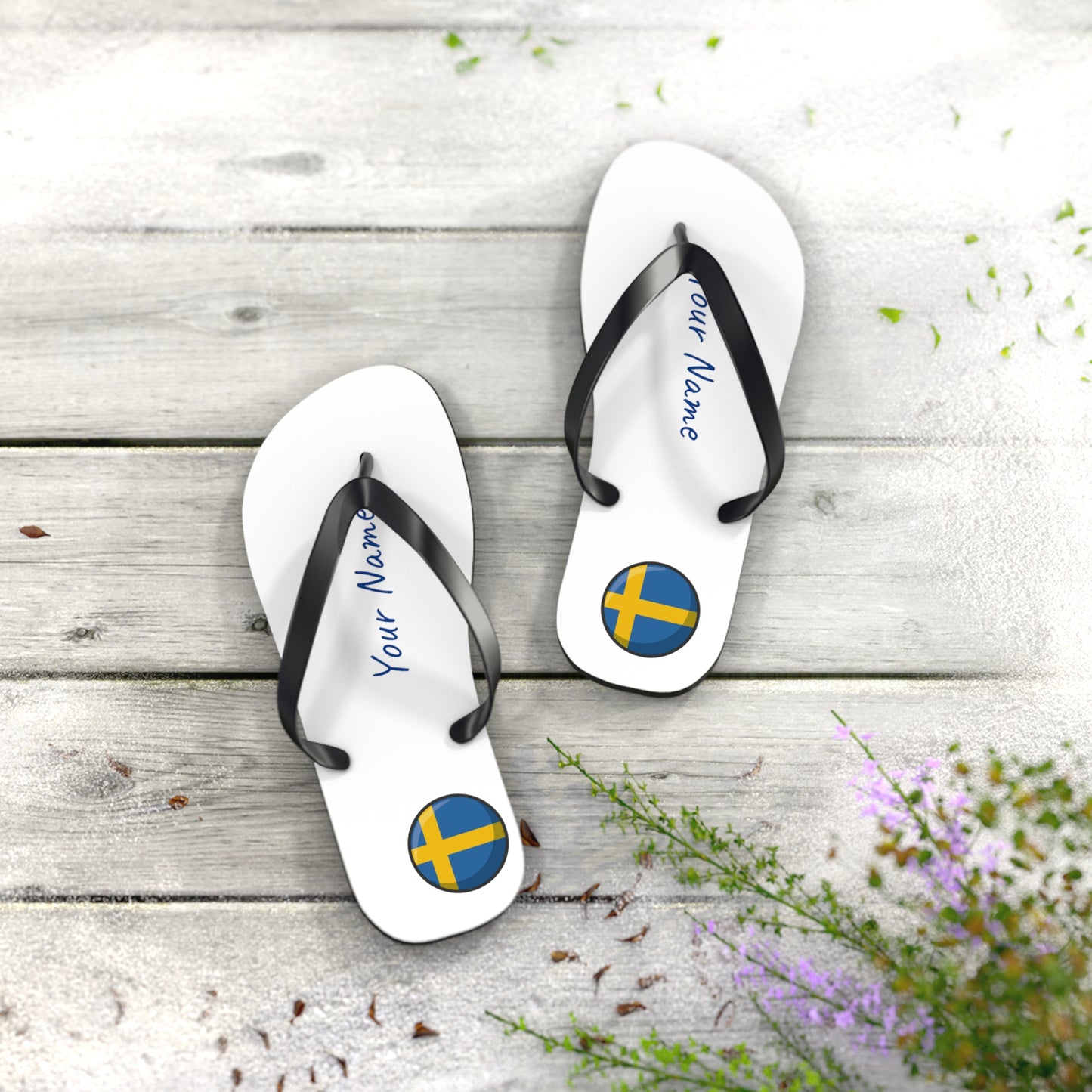Personalized Swedish Beach, Pool, Walking and Casual Flip Flops - Sweden and Have Your Name Printed