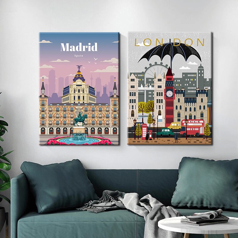 Modern City Architecture Eiffel Tower London Paris Canvas Painting Wall Art Pictures Poster Cuadros for Living Room Home Decor